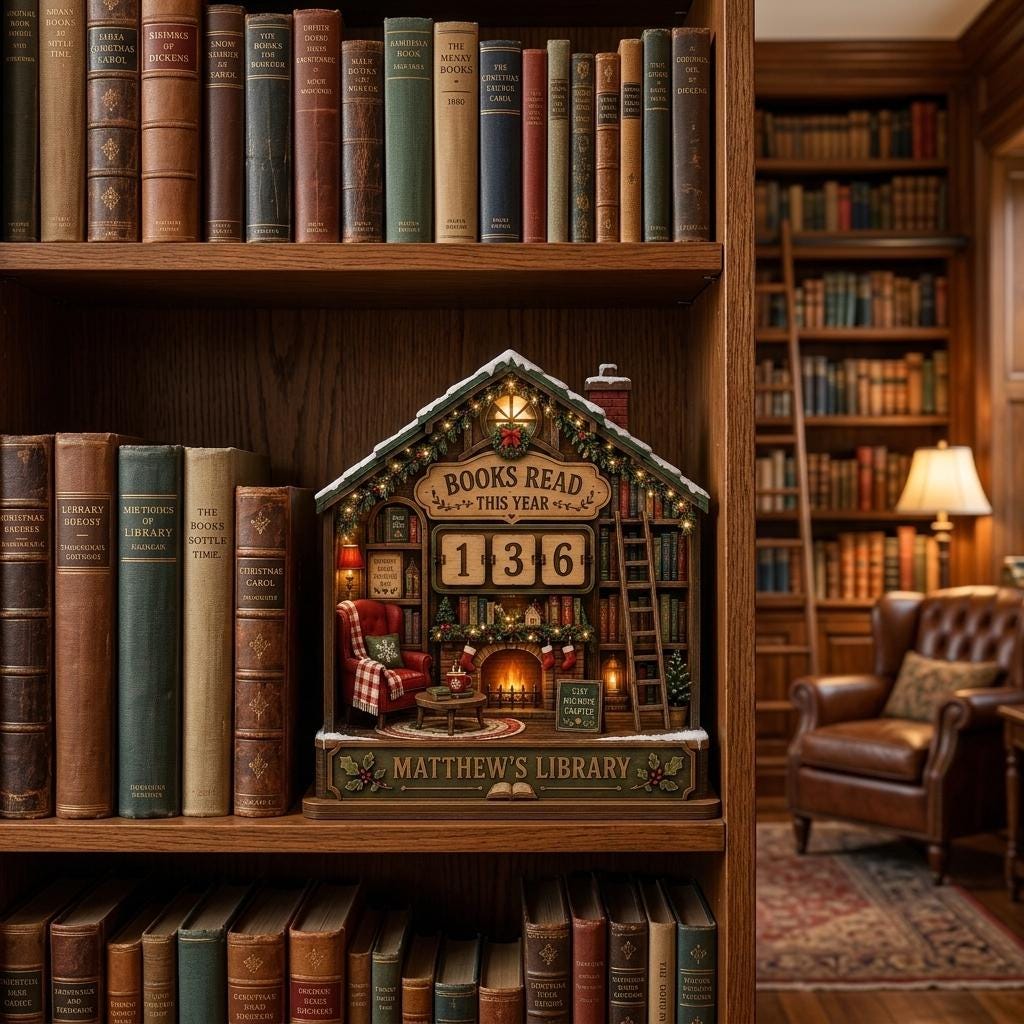 Matthew's Library snowy cabin book tracker on a bookshelf between Christmas classics, with a leather chair behind