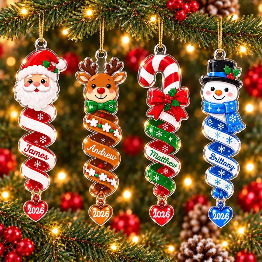 Personalized spiral Christmas ornaments with Santa, reindeer, candy cane and snowman tops and names