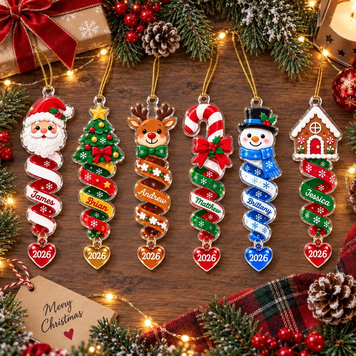 Set of six personalized spiral ornaments on a wooden table