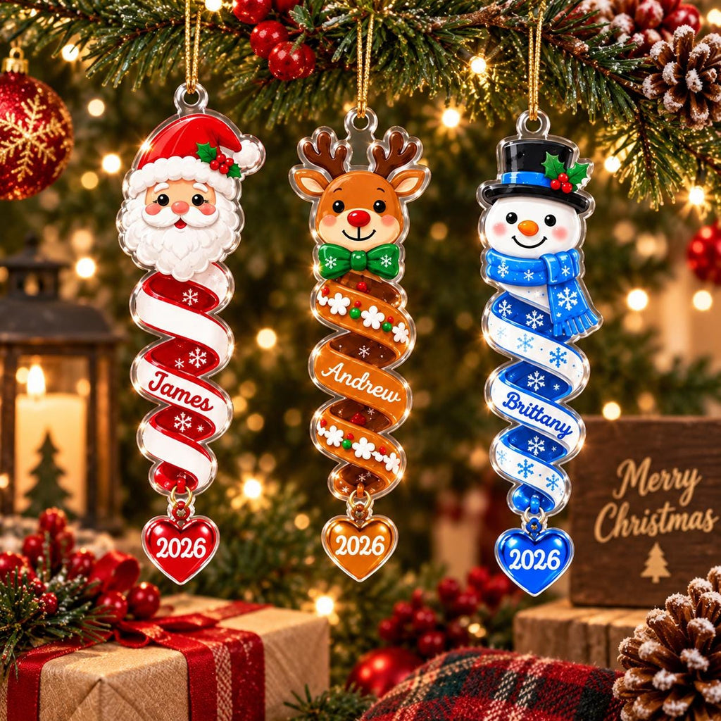 Santa, reindeer and snowman spiral ornaments with names