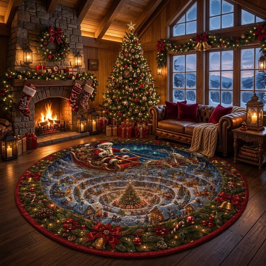 Spooky Christmas skeleton Santa rug in a wood lodge with a stone fireplace, garland and tall windows