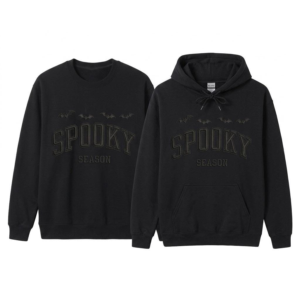 Black Spooky Season embroidered sweatshirt and hoodie side by side
