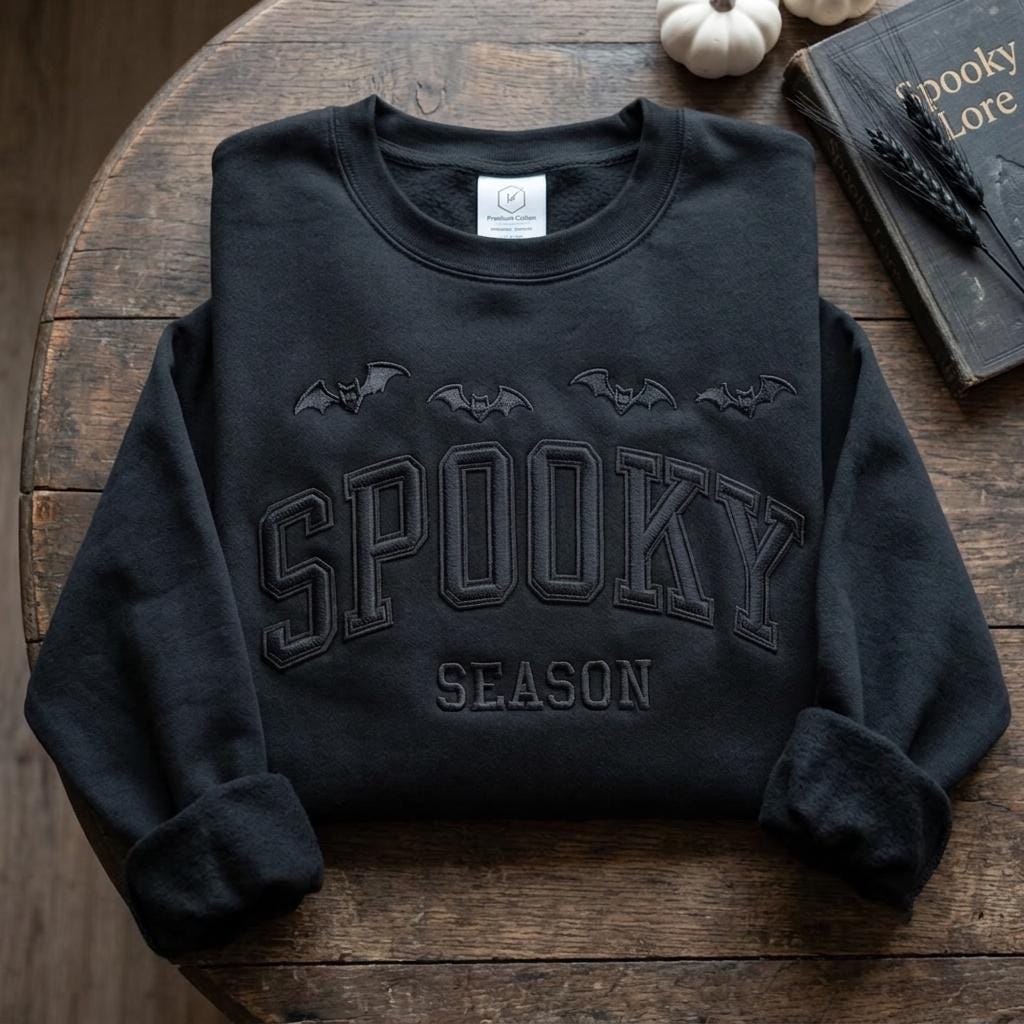 Black Spooky Season embroidered sweatshirt styled with fall decor