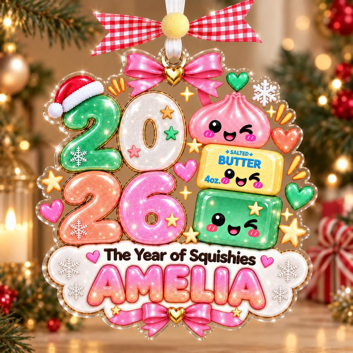 Pastel squishy 2026 ornament with Amelia on a tree
