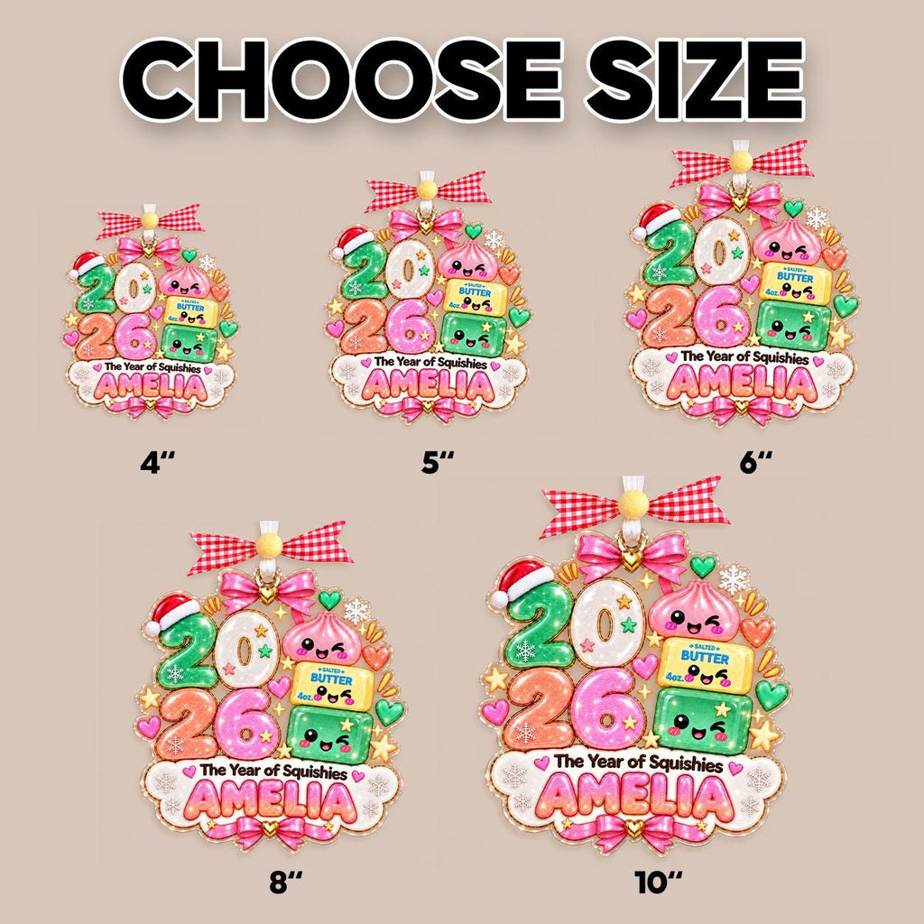 Size chart showing the squishy ornament from 4 to 10 inches