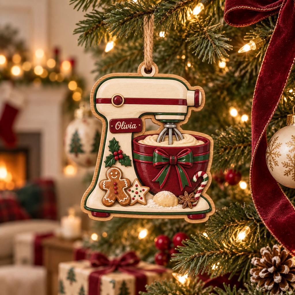 Personalized stand mixer baking ornament hanging on a lit Christmas tree