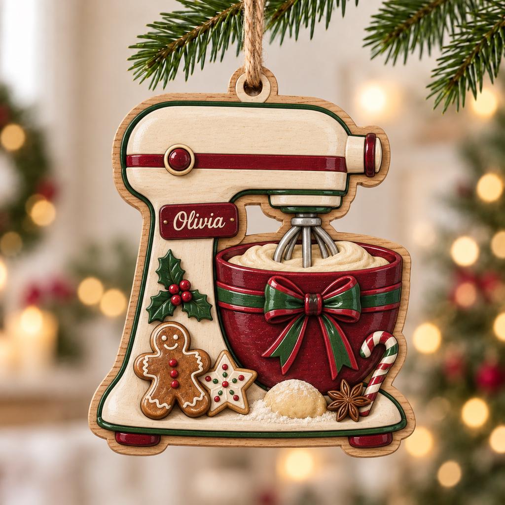 Personalized stand mixer wooden ornament with custom name and gingerbread cookie details