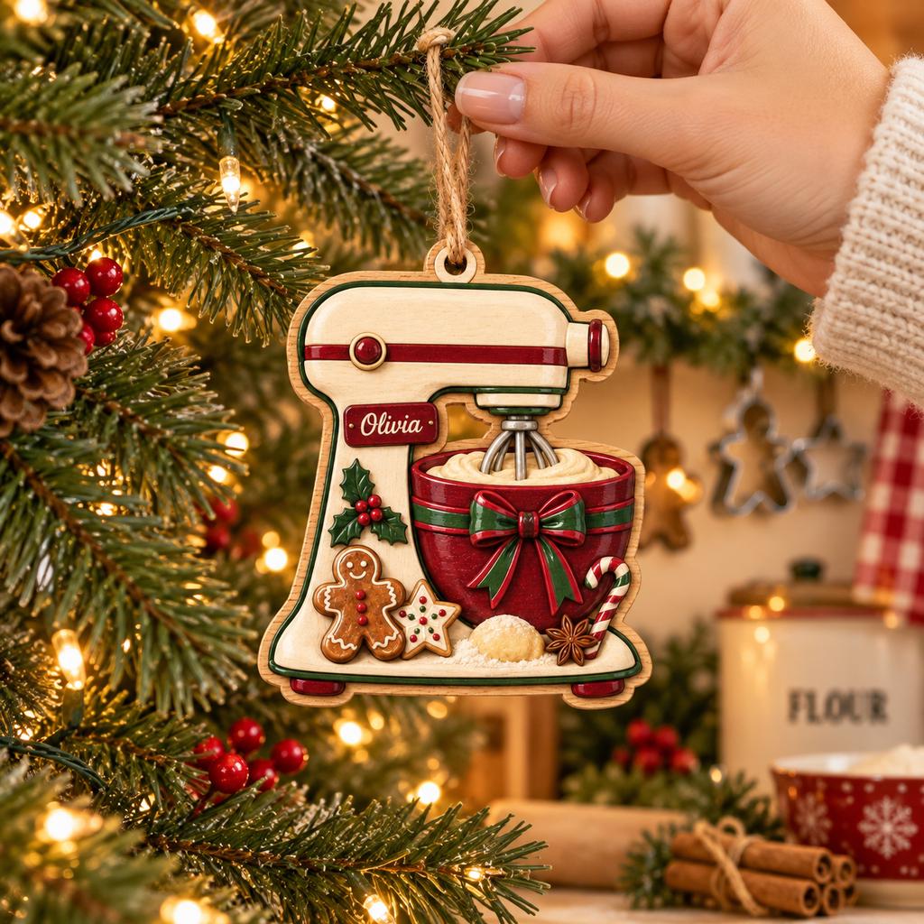 Hand hanging a stand mixer baking lover name ornament on a Christmas tree