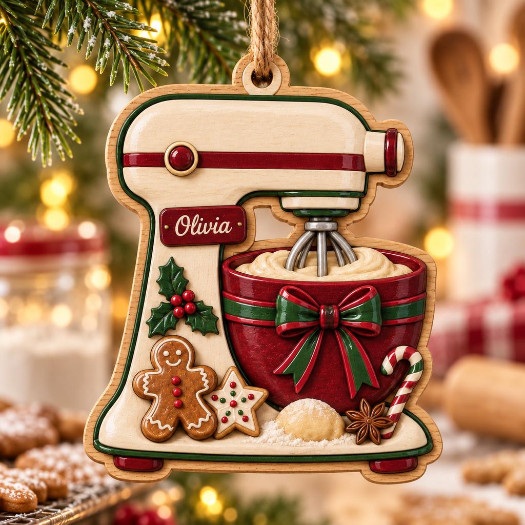 Stand mixer name ornament for baking lovers hanging in a holiday kitchen