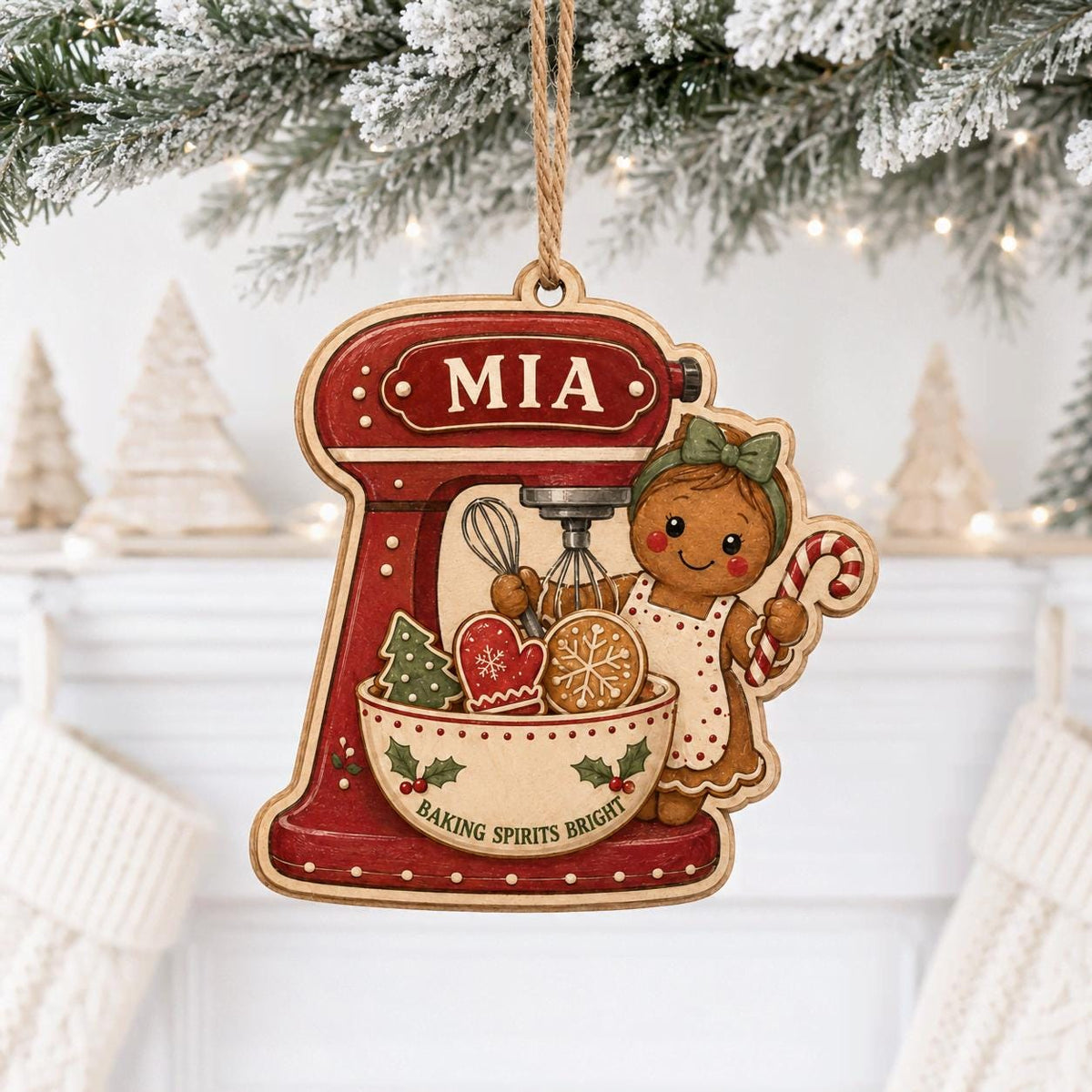 Stand mixer gingerbread baker ornament with custom name hanging by a fireplace