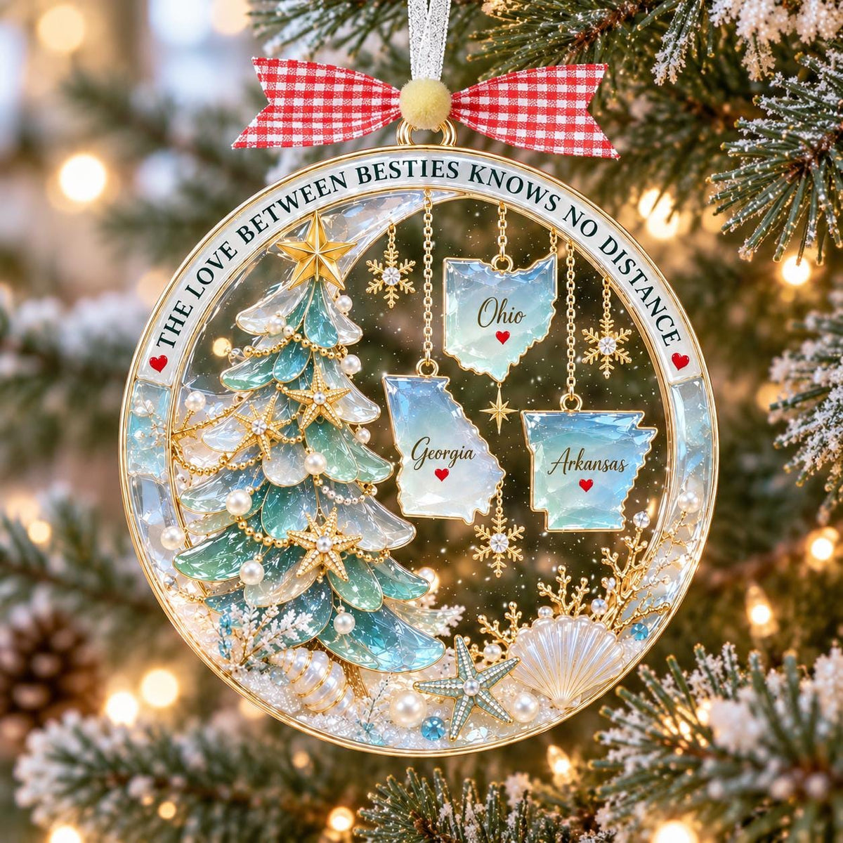 State friendship ornament with Ohio, Georgia and Arkansas on a tree