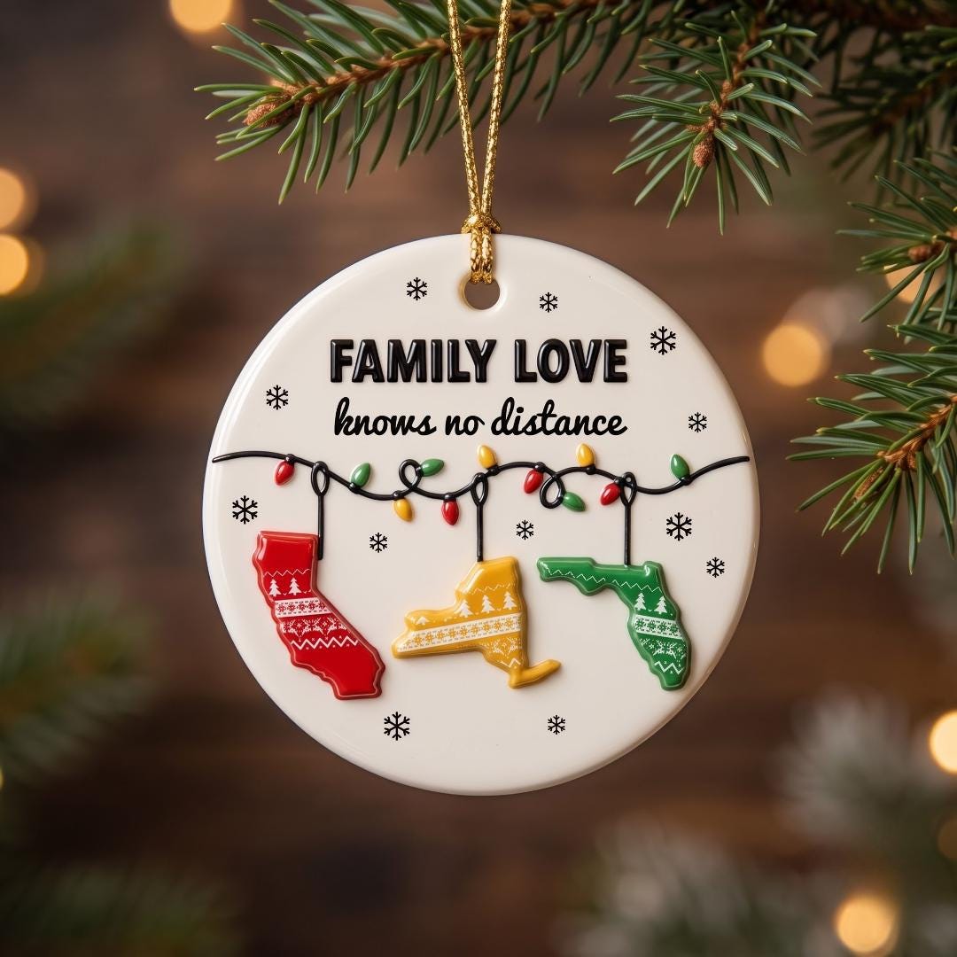 Long distance family ornament with California, New York and Florida state stockings