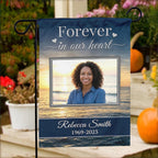 Forever In Our Heart sunset beach photo memorial garden flag with name and years on porch steps with pumpkins and flowers