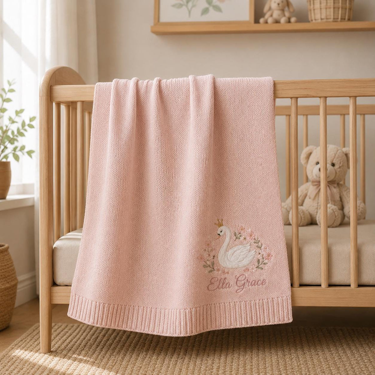 Pink swan name blanket with floral embroidery hanging over the side of a light wooden crib in a nursery
