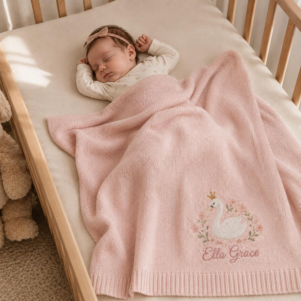 Sleeping baby girl in a crib under a pink knit blanket embroidered with a crowned swan and her name