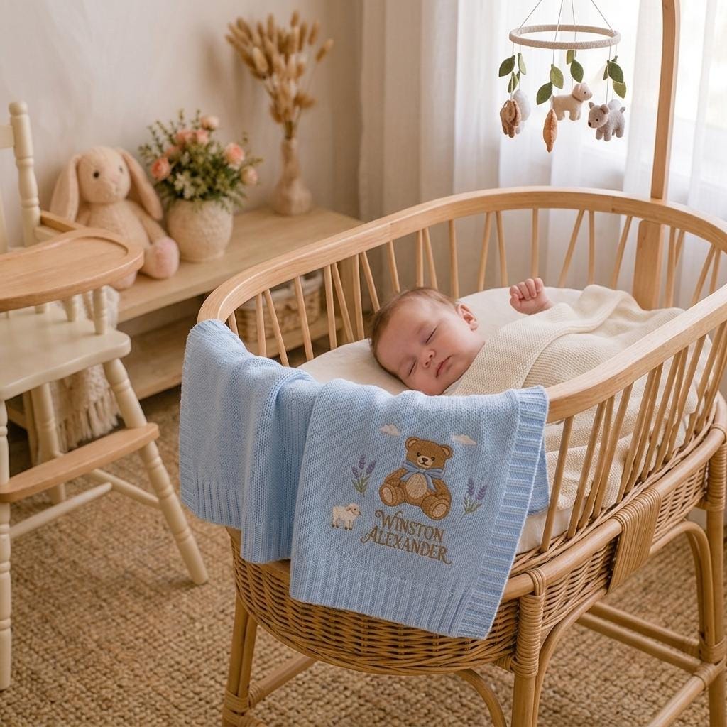 Blue knit baby blanket with teddy bear and lamb embroidery and a name draped on a rattan bassinet by a baby