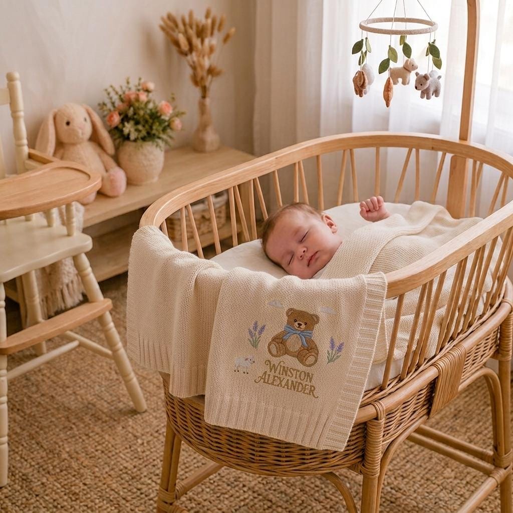 Cream knit baby blanket with an embroidered teddy bear, lamb and name hanging on a rattan bassinet
