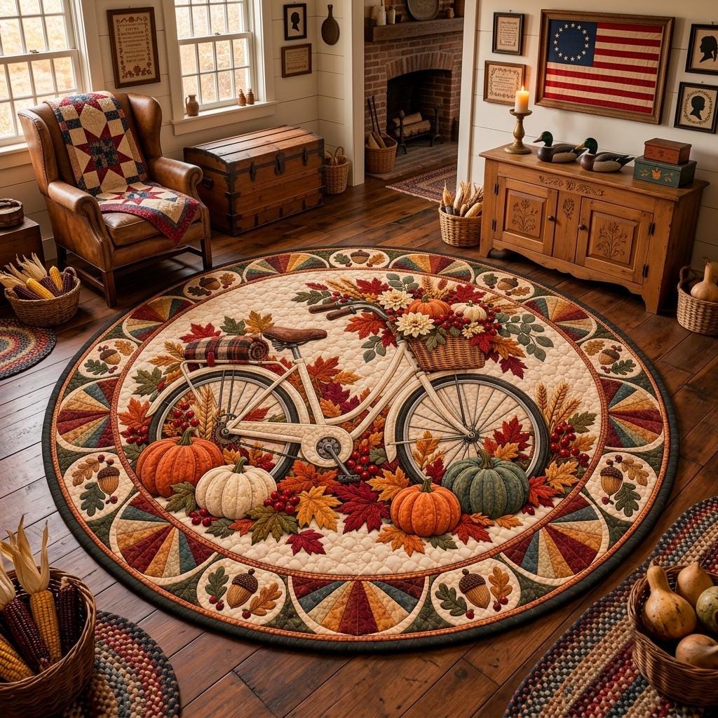 Bicycle pumpkin round rug in a colonial farmhouse room with a wingback chair, wood chest and brick hearth