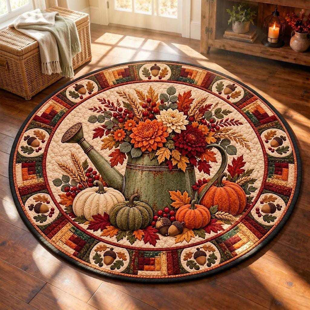 Harvest watering can rug with pumpkins and mums in afternoon sunlight beside a wicker trunk and soft throw