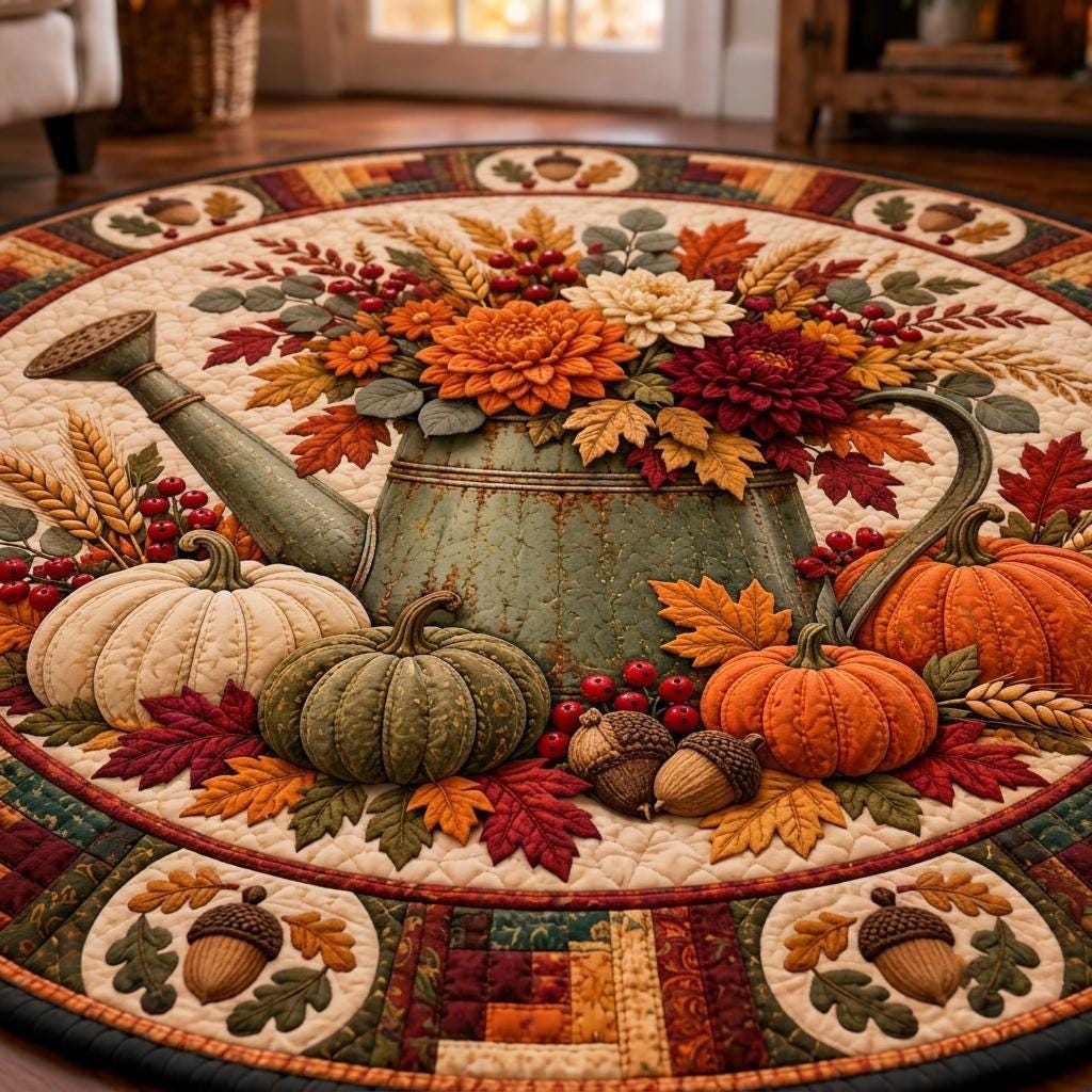 Close-up of a rustic watering can filled with autumn mums, wheat and berries above white, green and orange pumpkins
