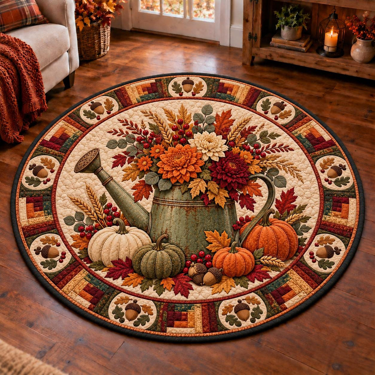 Thanksgiving watering can round quilted rug on a wood floor by a rustic console with candles and autumn flowers