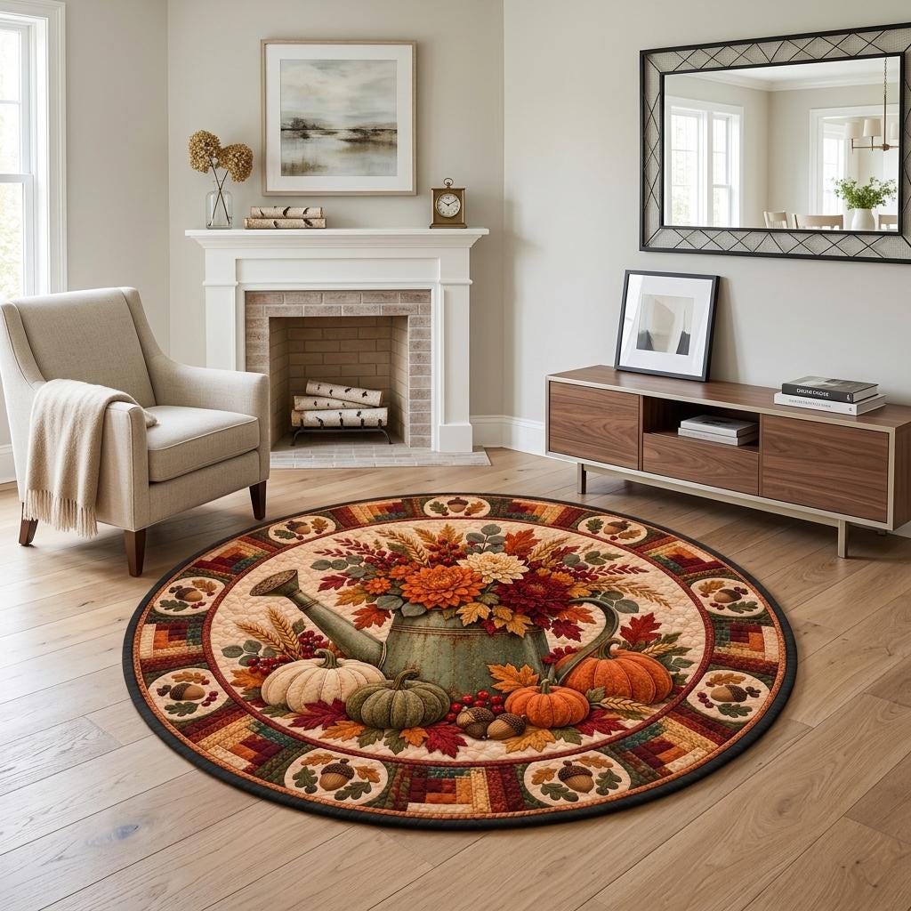 Thanksgiving harvest watering can rug in a modern neutral living room with a white fireplace and armchair