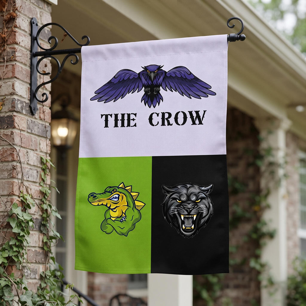 Three-team garden flag with a crow mascot and custom text above gator and panther logos