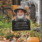 Today Tomorrow Always portrait memorial garden flag with name and dates among autumn leaves with a pumpkin