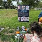 Customer photo of a photo collage memorial garden flag at a grave site