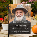 Today Tomorrow Always portrait memorial garden flag with name and dates on porch steps with pumpkins and flowers