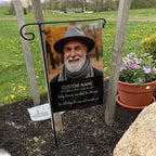 Today Tomorrow Always portrait memorial garden flag with name and dates on a garden flag stand in a yard with potted flowers