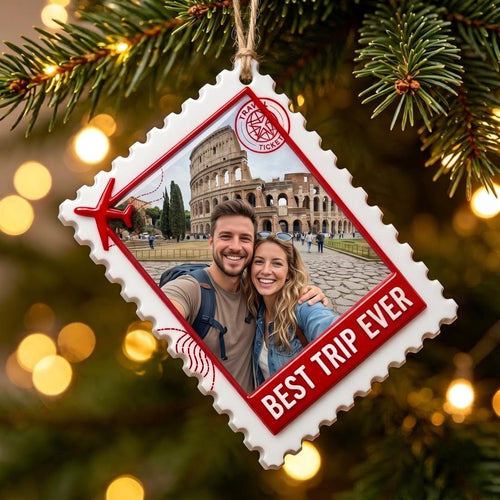Postage stamp travel ornament with a couple photo at the Colosseum and Best Trip Ever