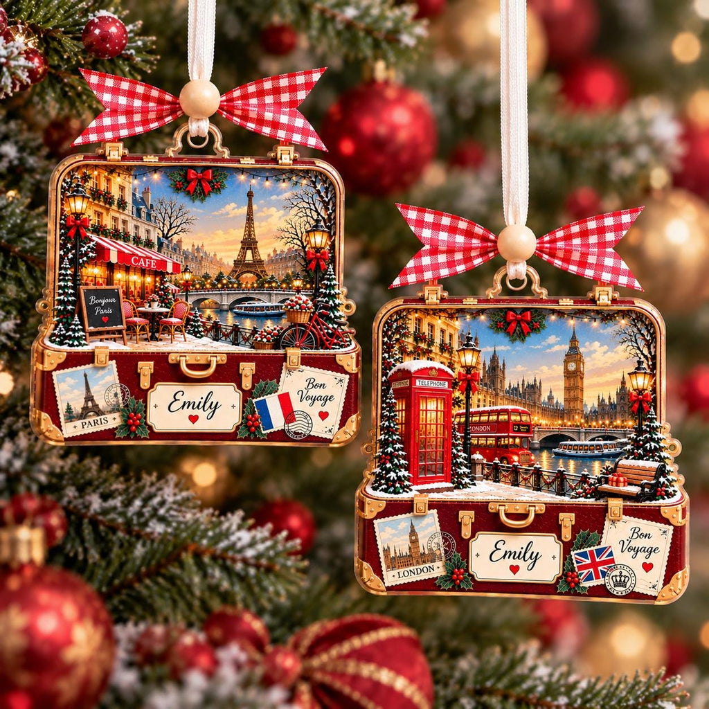 Paris and London travel suitcase ornaments with Emily on a tree