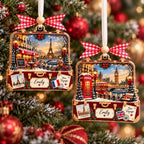 Paris and London travel suitcase ornaments with Emily on a tree