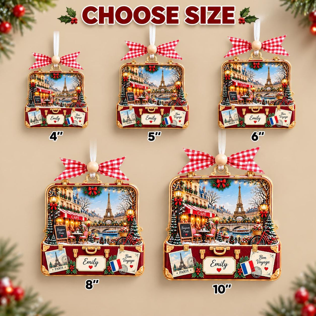 Size chart showing the suitcase ornament from 4 to 10 inches