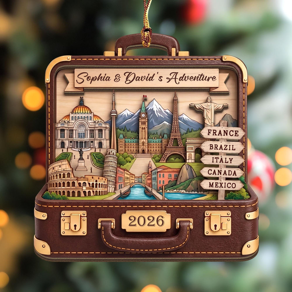 Personalized suitcase travel wooden ornament with landmarks, destinations and 2026