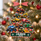 Christmas tree of monster trucks and diggers ornament with James