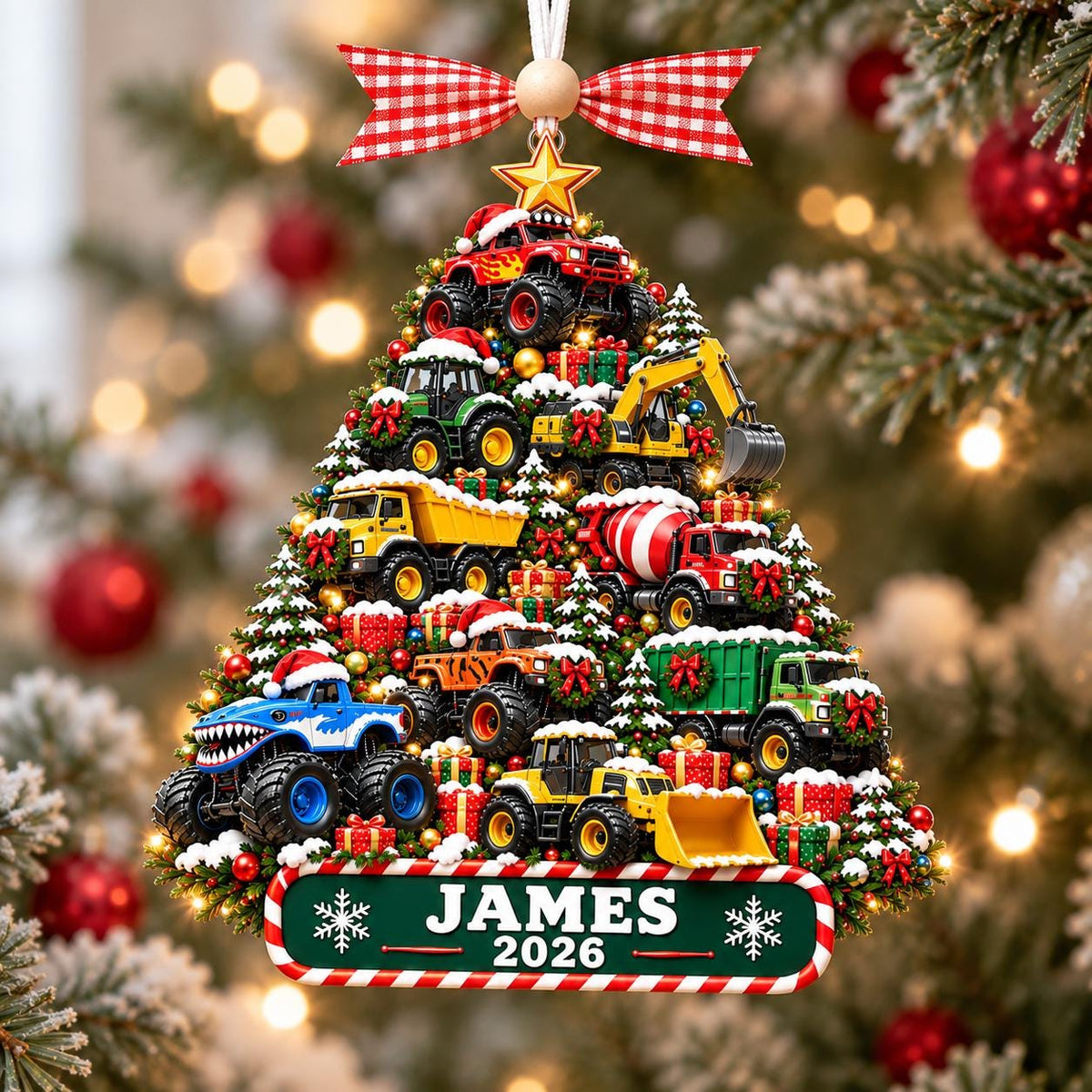 Christmas tree of monster trucks and diggers ornament with James