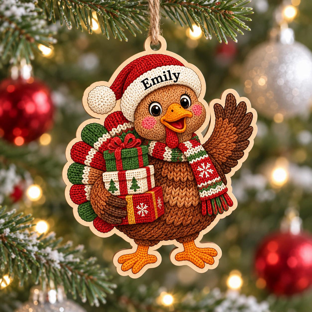 Turkey with gifts and Santa hat personalized wooden ornament on a Christmas tree