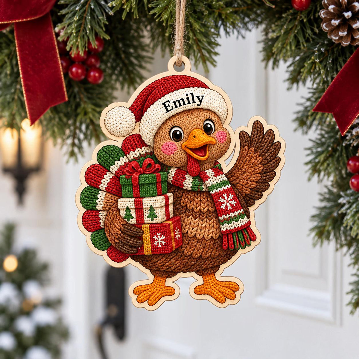Personalized turkey wooden ornament in a Santa hat and scarf carrying gifts with name