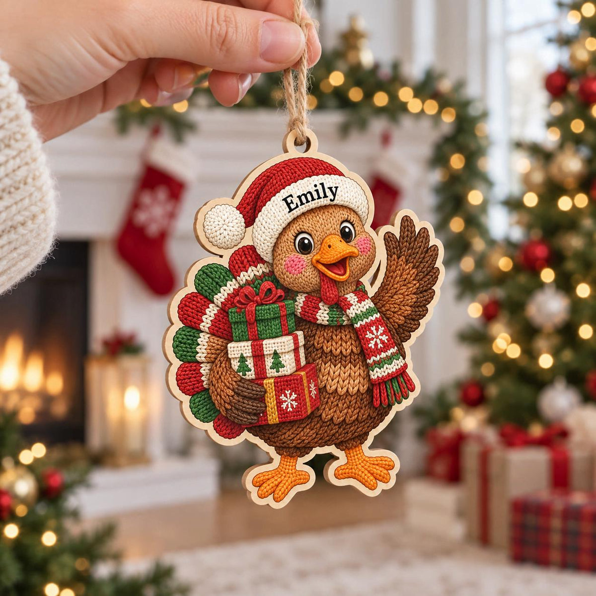 Hand holding a personalized turkey Santa hat ornament in front of a fireplace