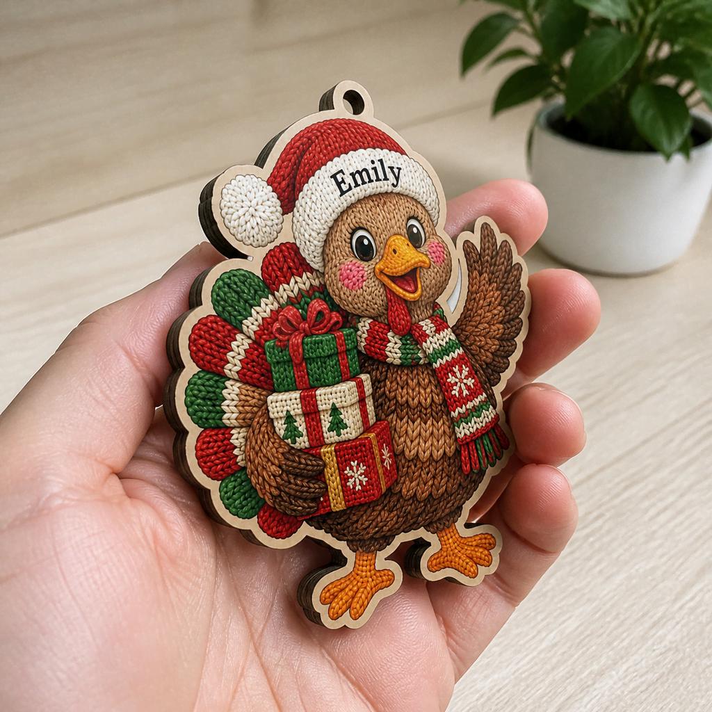 Hand holding a turkey in a Santa hat wooden ornament showing its layered wood edge
