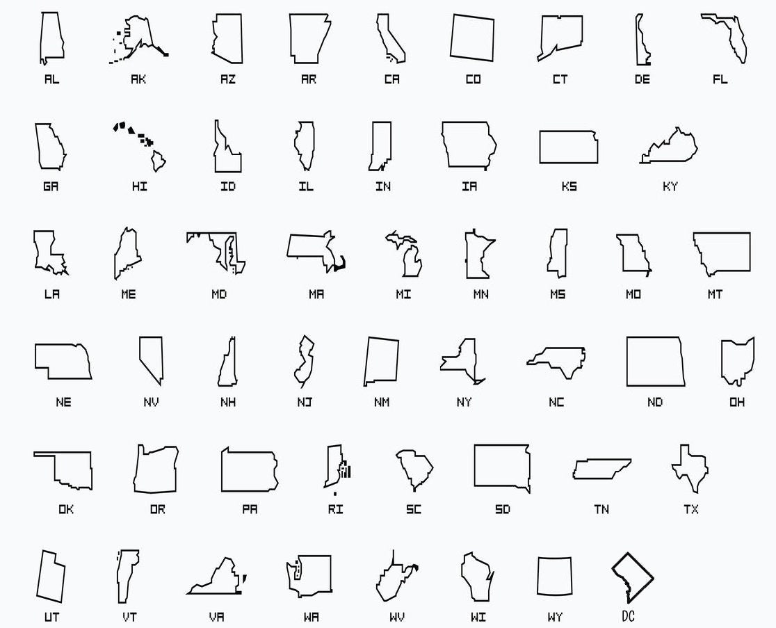Chart of all 50 US state outlines plus DC available for the keychain