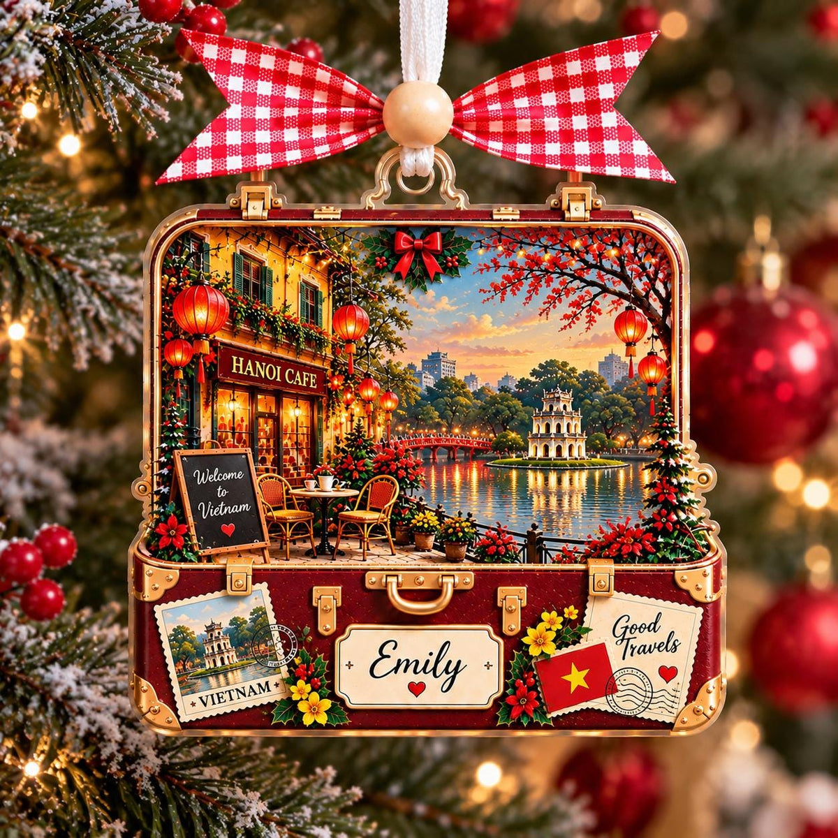 Vietnam suitcase ornament with a Hanoi cafe scene and Emily