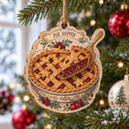 Vintage berry pie wooden ornament hanging on a Christmas tree with red baubles