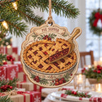 Berry lattice pie Christmas wooden ornament hanging above a festive dining table