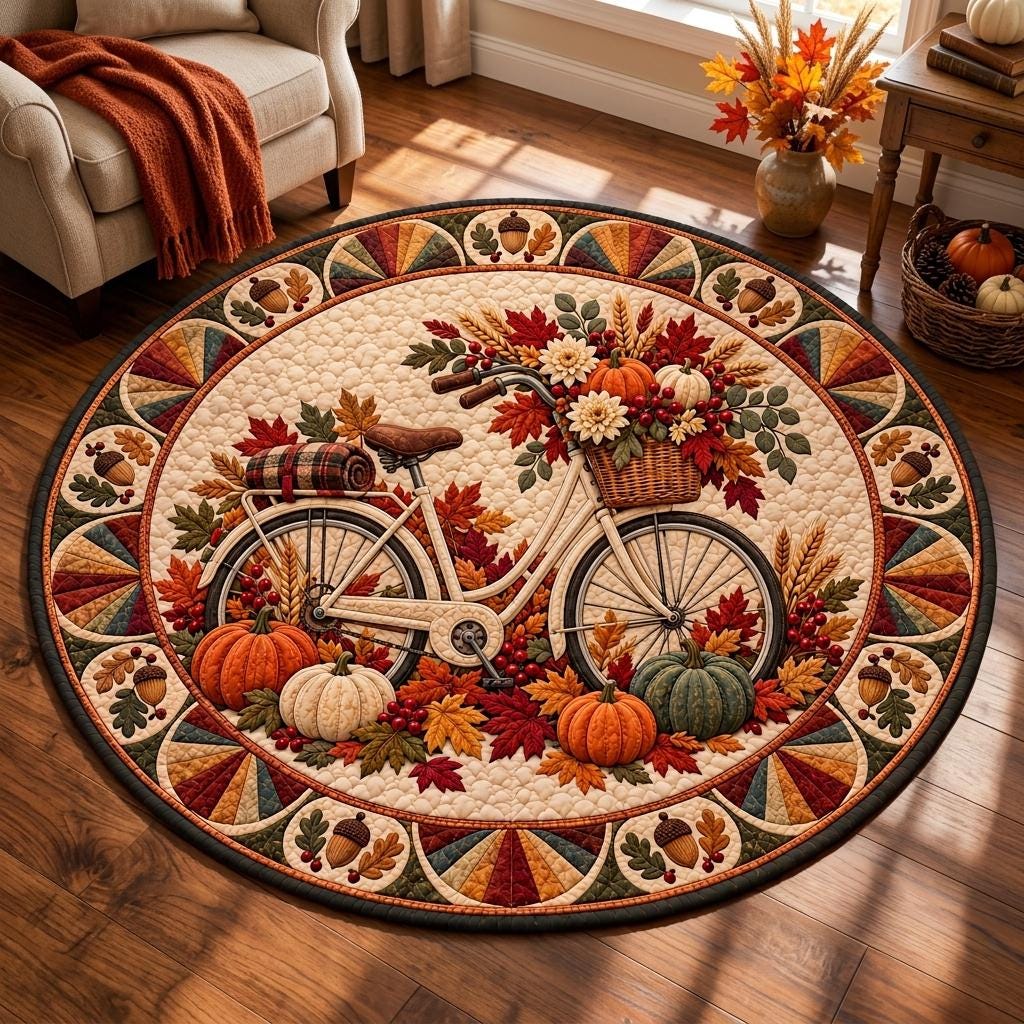 Vintage bicycle harvest rug in sunlight beside an armchair with a rust throw and a vase of fall leaves