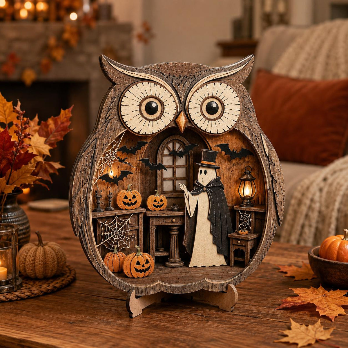 Layered wooden owl shelf sitter with a top-hat ghost holding a lantern in a haunted room