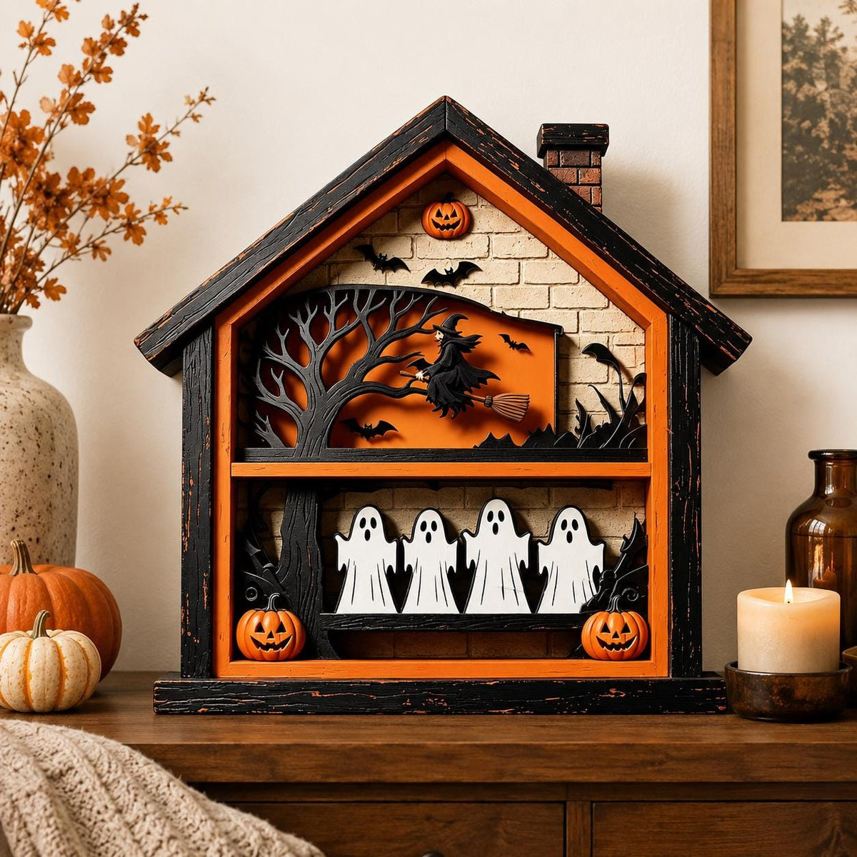 Vintage wooden haunted house with a flying witch, bats and a row of white ghosts beside pumpkins