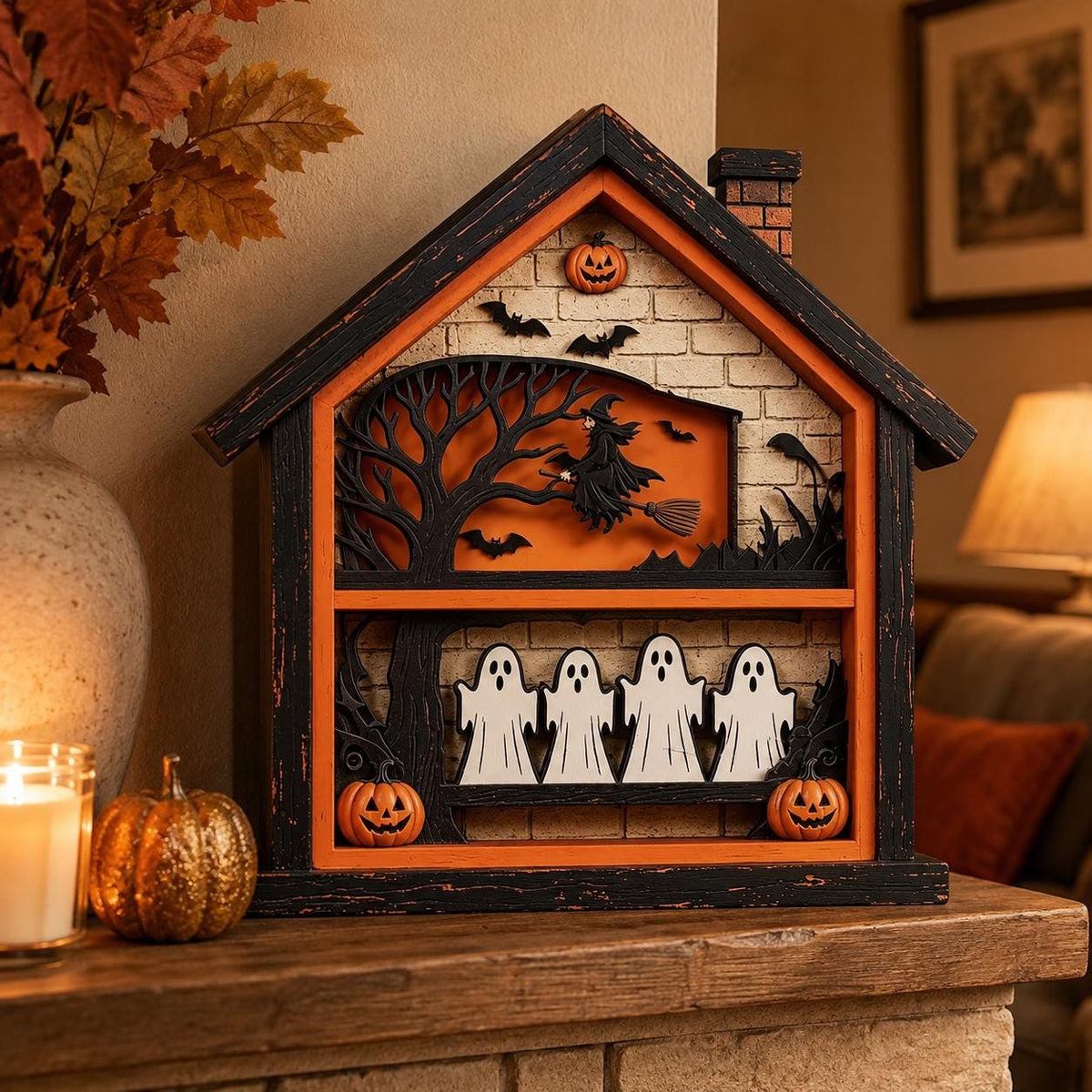 Layered Halloween haunted house with ghosts and jack-o-lanterns on a stone mantel in warm light